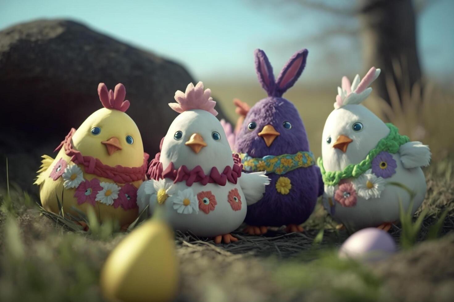 Cute Easter Chicks Nesting with Colorful Easter Eggs photo