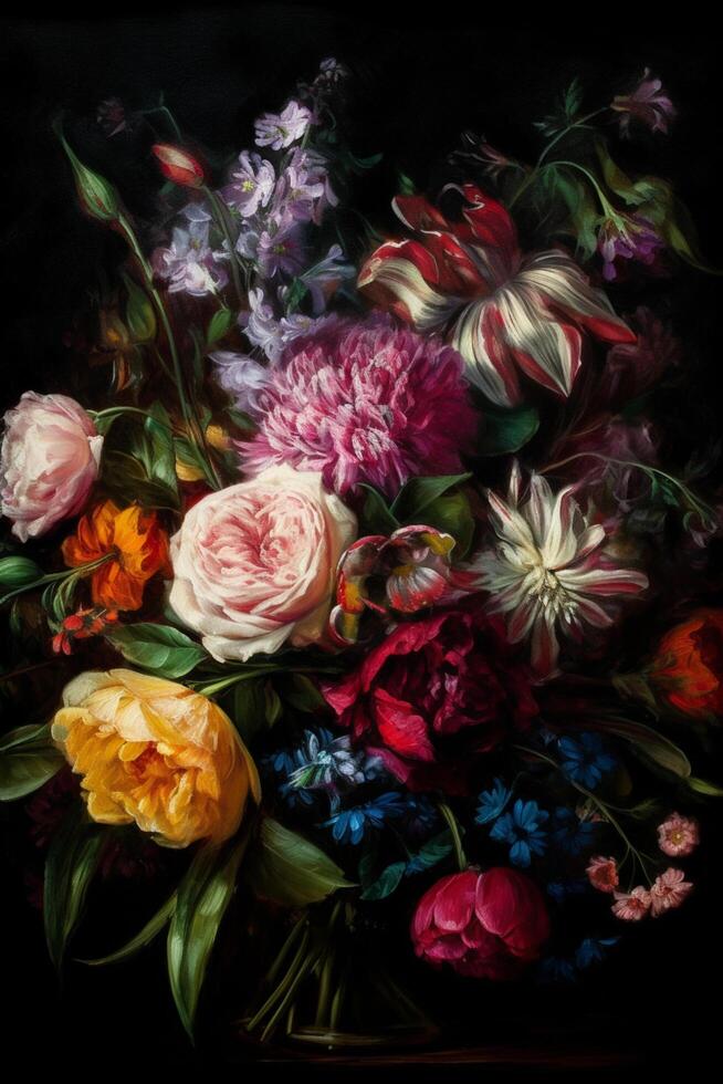 Vibrant Bouquet A Painting of Colorful Flowers Against a Dark Background photo