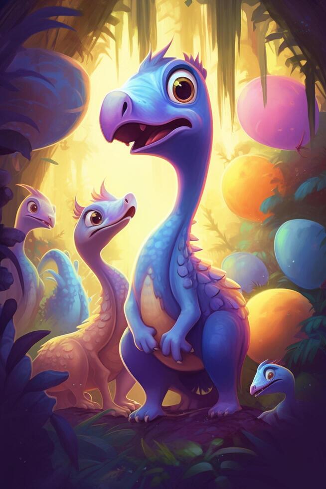Whimsical and Colorful Digital Comic Art Gallimimus's Playful Journey in a Vibrant World of Laughter photo