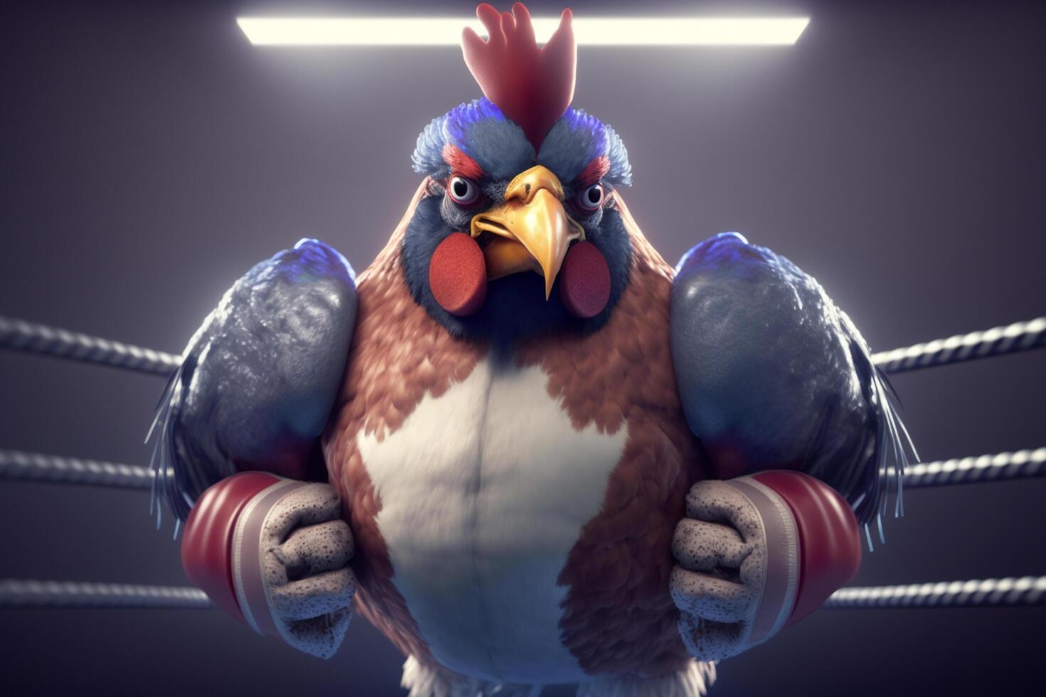 The Featherweight Champion A muscular rooster in boxing gear ready to