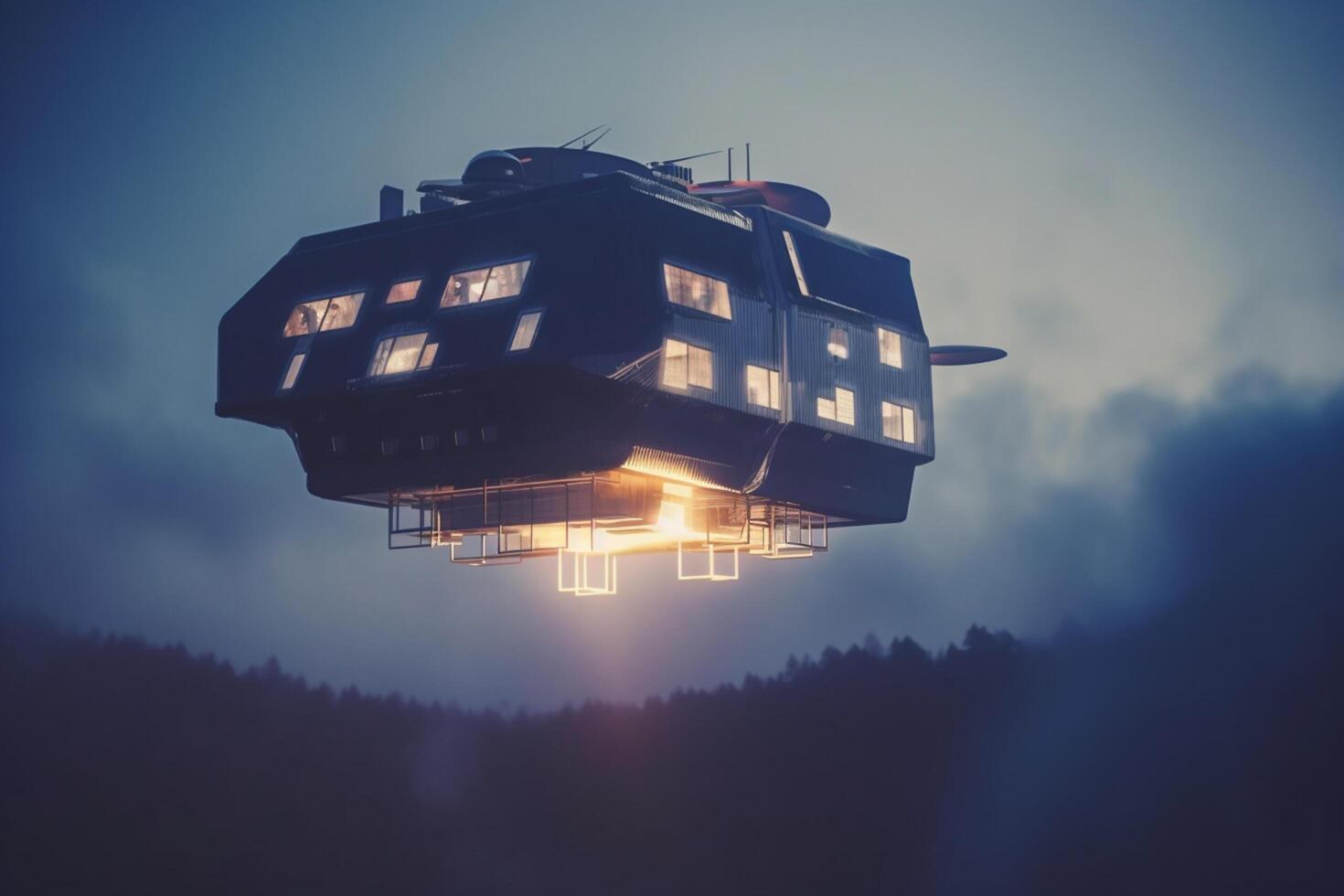 Skyward Living A Conceptual Illustration of AI-Controlled Flying Homes for Future Living photo