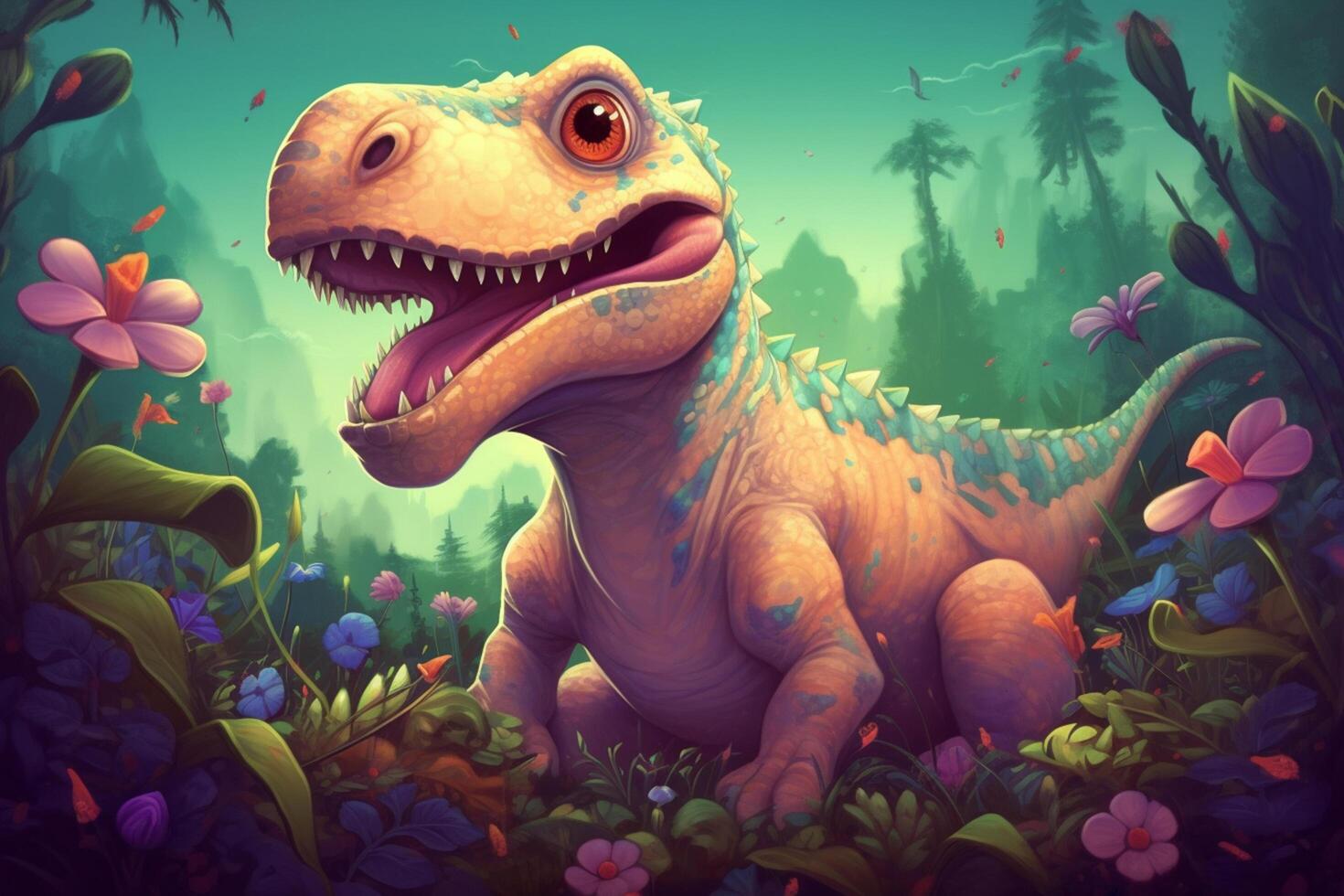 Playful and Vibrant Digital Art Hilarious Allosaurus Dinosaur Comic Illustration photo
