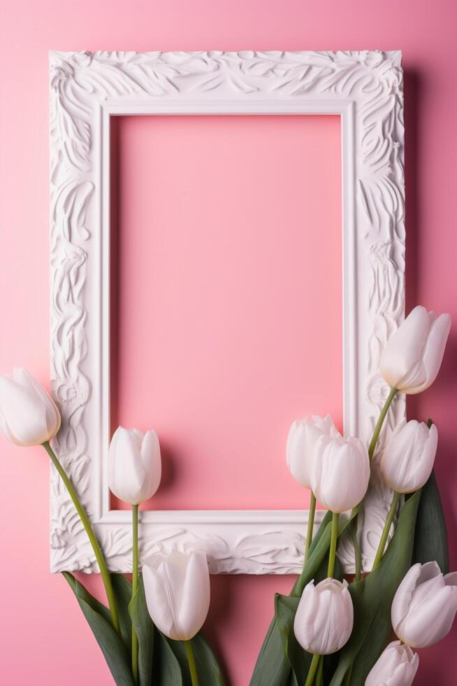 Empty white picture frame with pink tulips on a pink background photo