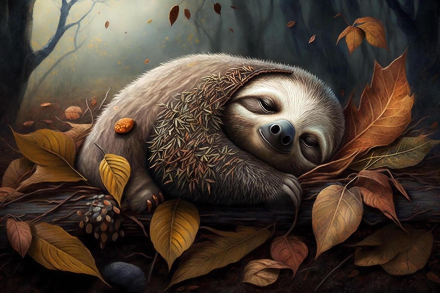 Exhausted and tired sloth lies between autumn leaves and sleeps photo