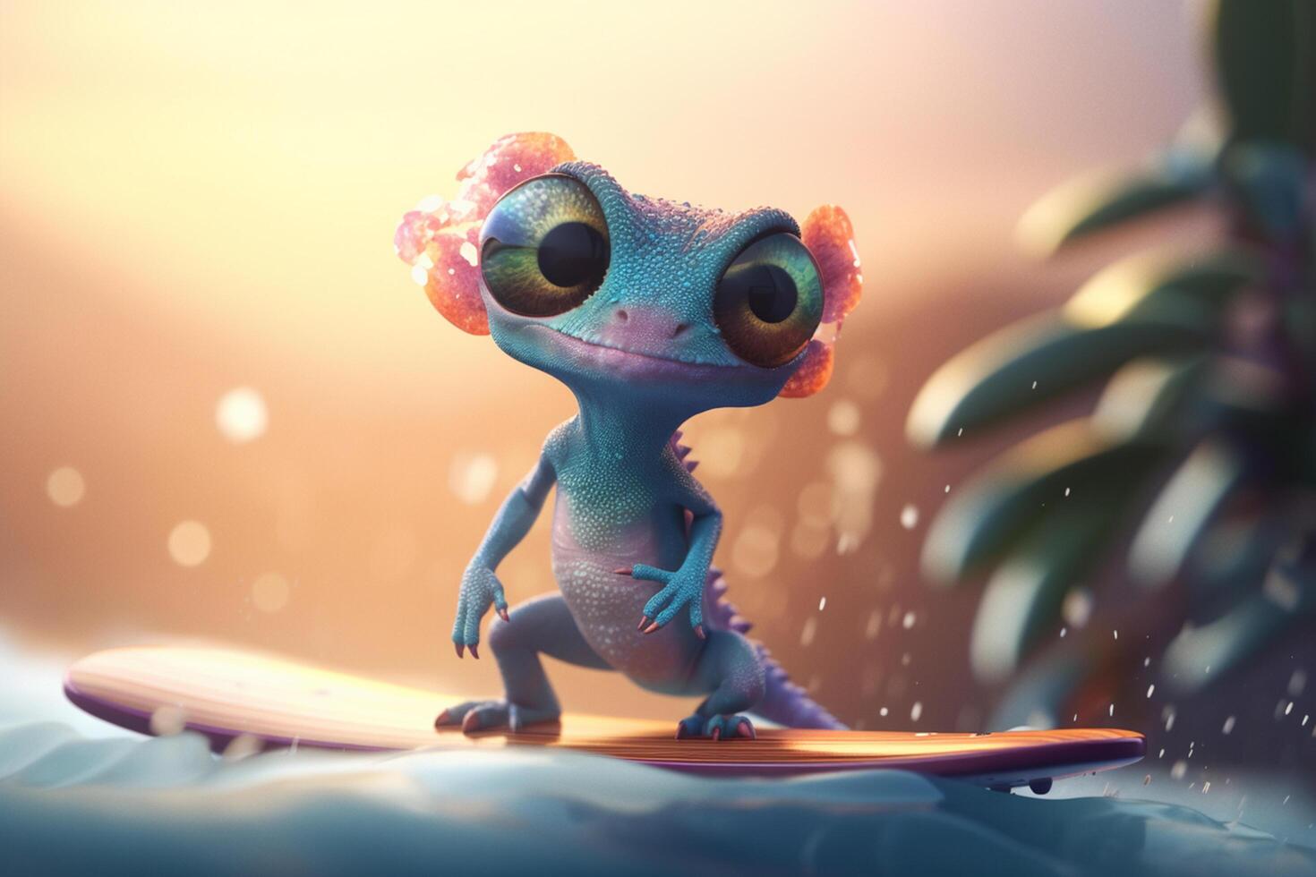 Chameleon Riding the Waves Cool Photorealistic Cartoon Lizard on a Surfboard at the Beach photo