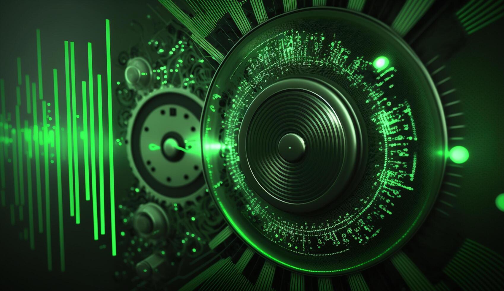Green sound waves emanating from speaker on dark background, abstract photo