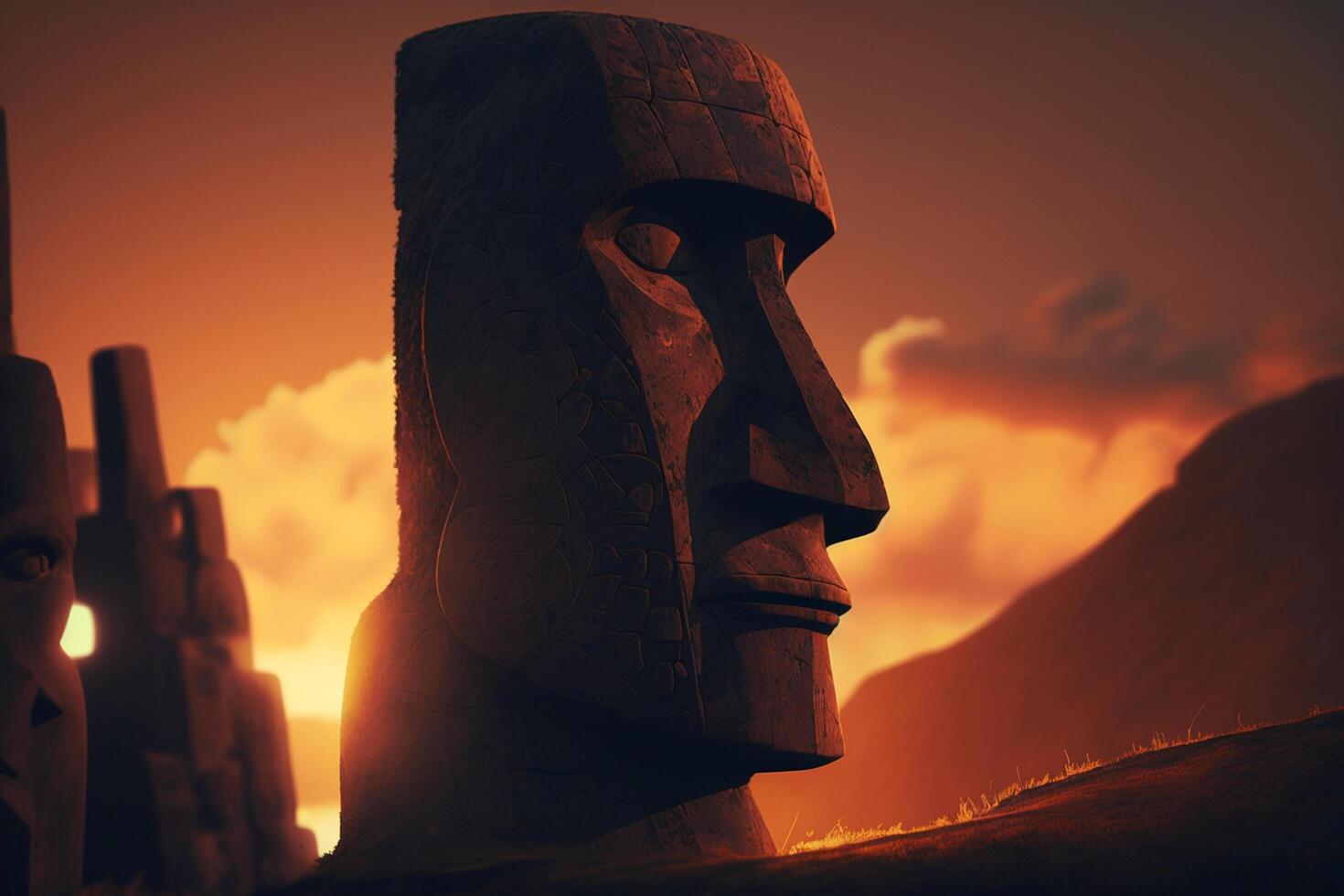 ilustración moai cifras Pascua de Resurrección isla puesta de sol ai generado foto