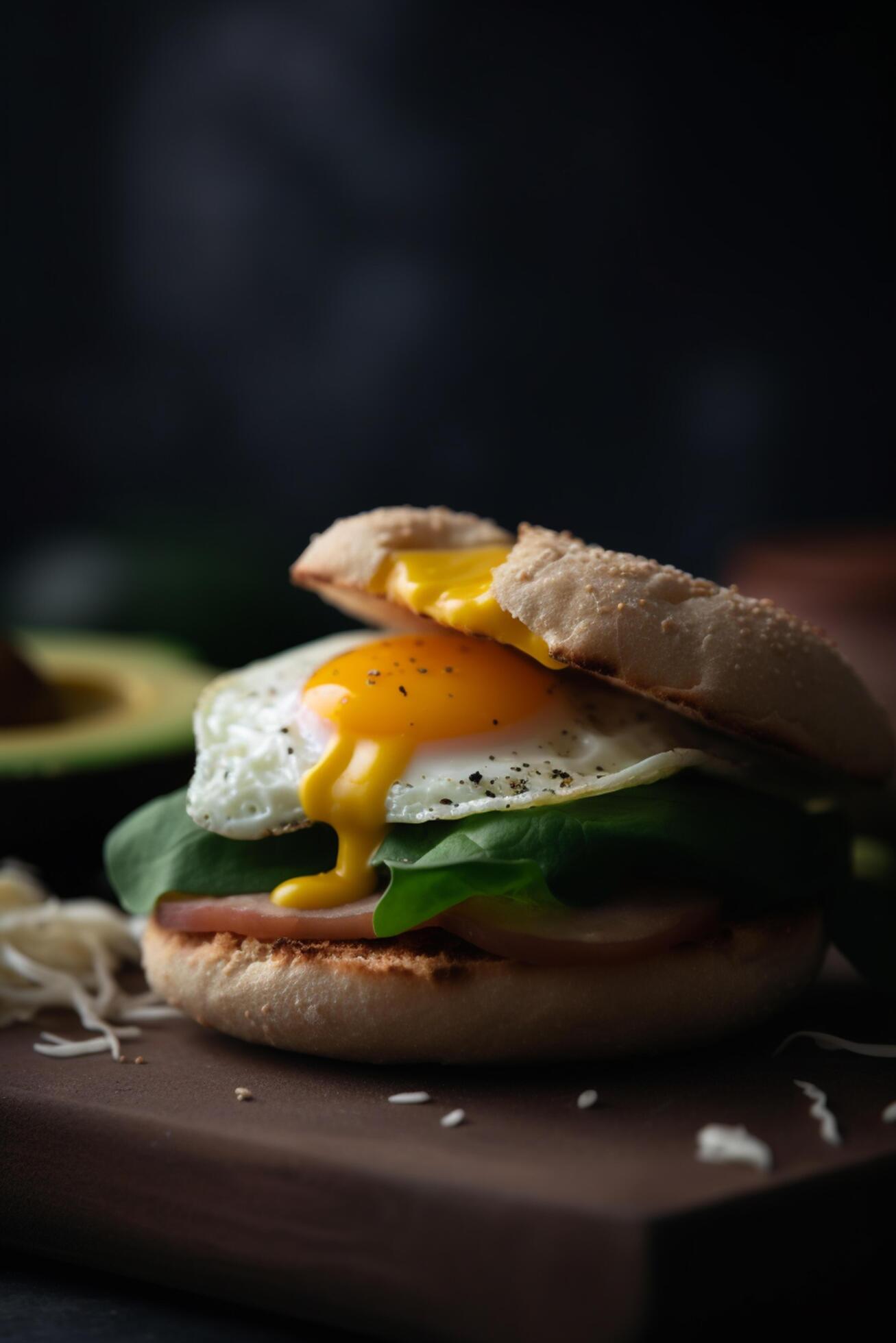 Avocado, Spinach and Fried Egg Sandwich on a Fresh Brioche Bun 24069744