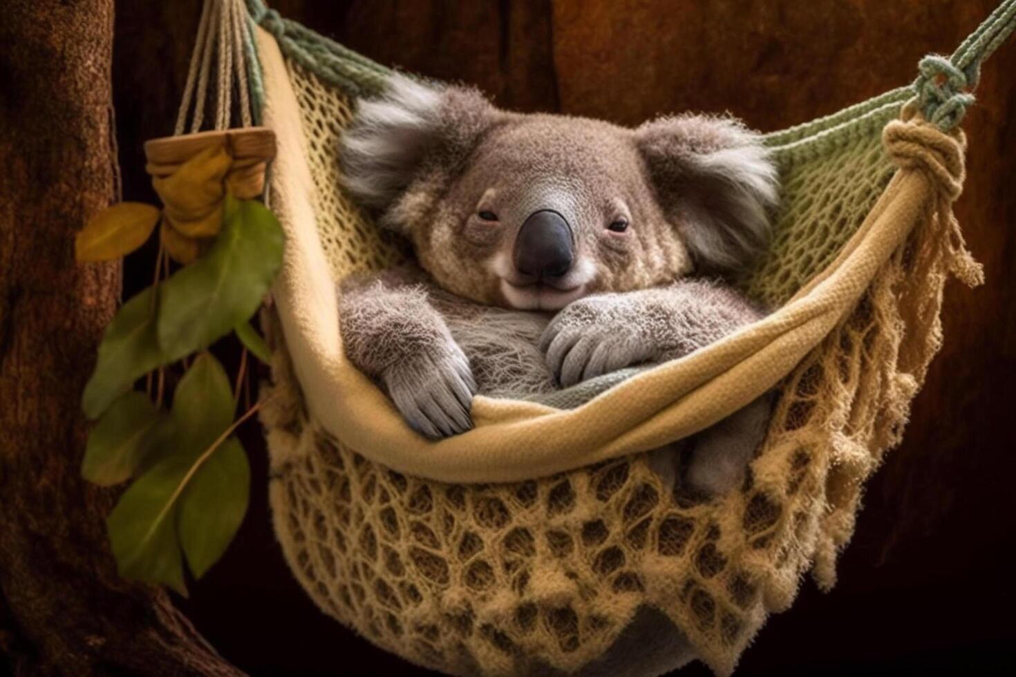 Koala lies lazily in a hammock and takes a nap Content photo