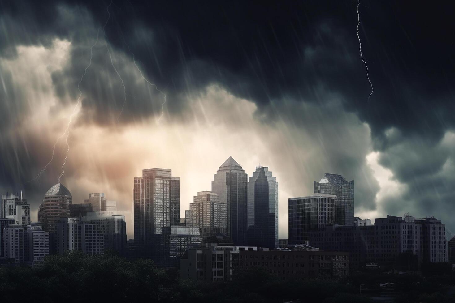 Financial Storm City Skyline during Bank Run with Thunder and Lightning photo