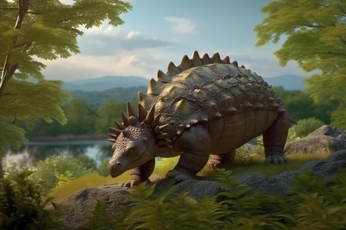 guardián de el prehistórico reino un realista ilustración exhibiendo el poderoso Ankylosaurus en un fascinante prehistórico paisaje ai generado foto