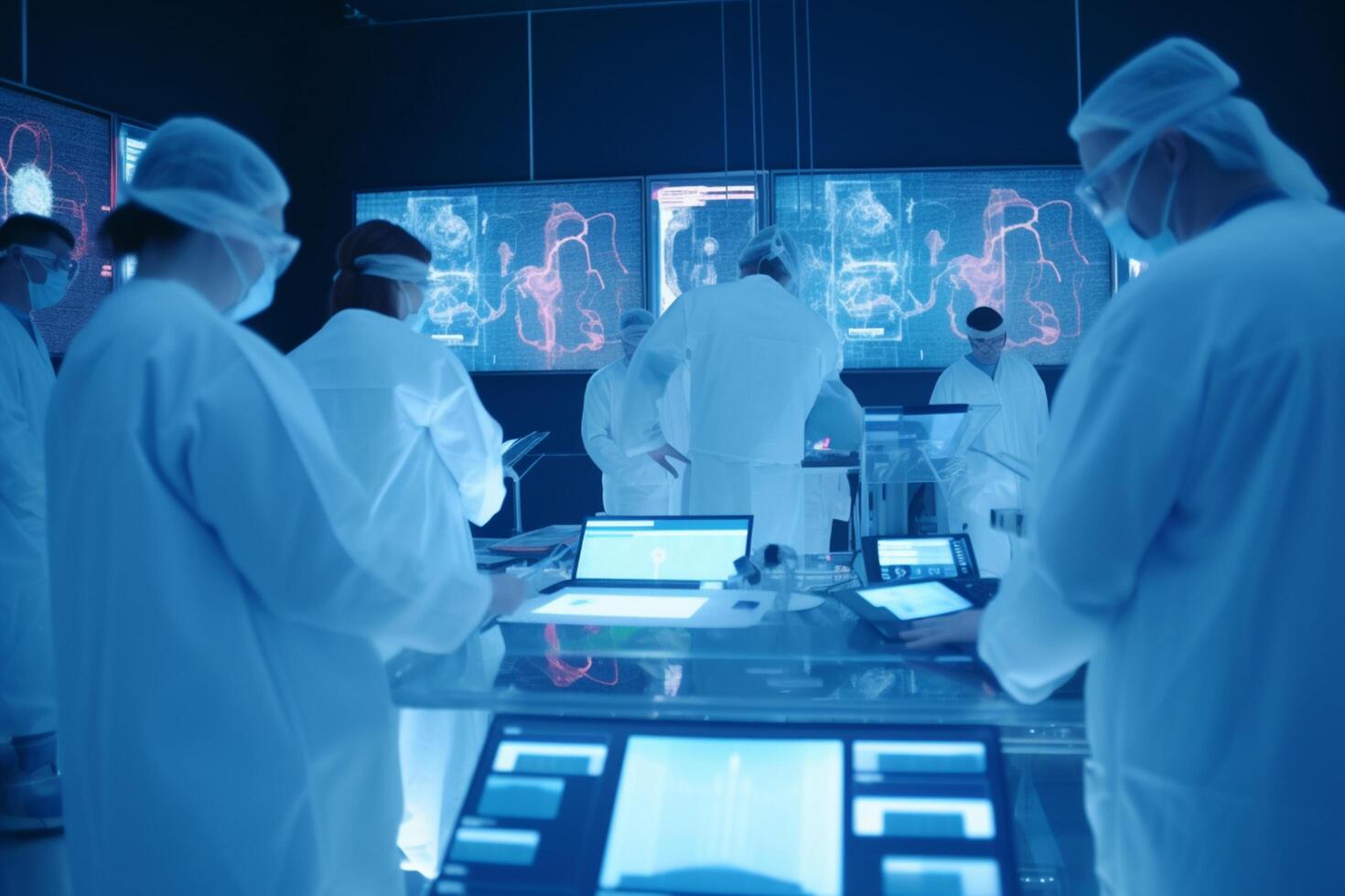 médico equipo con quirúrgico mascaras trabajando en un alta tecnología laboratorio ai generado foto