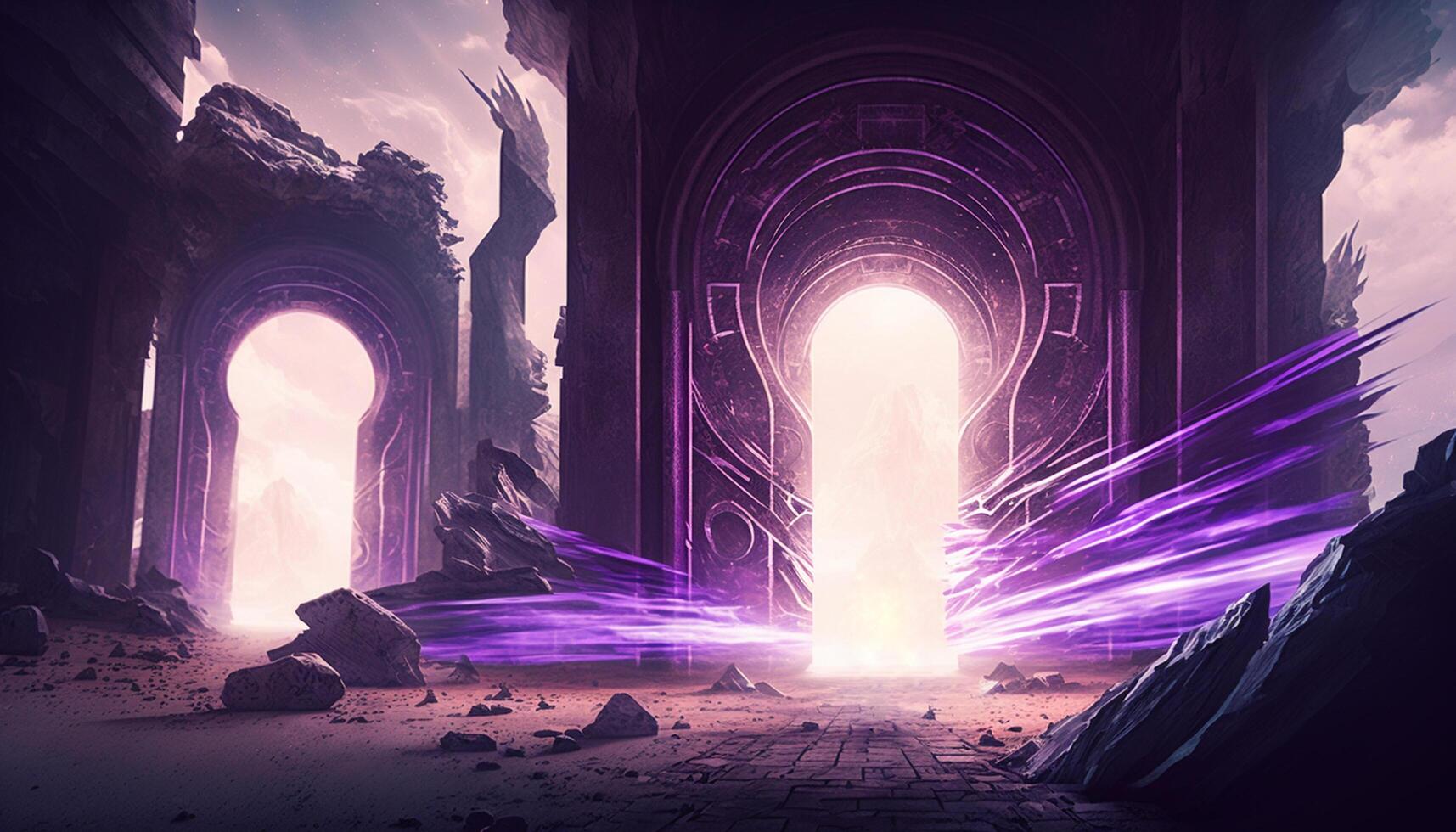 Juxtaposition of Time Ancient Ruins Meet Futuristic Time-Travel Portal photo