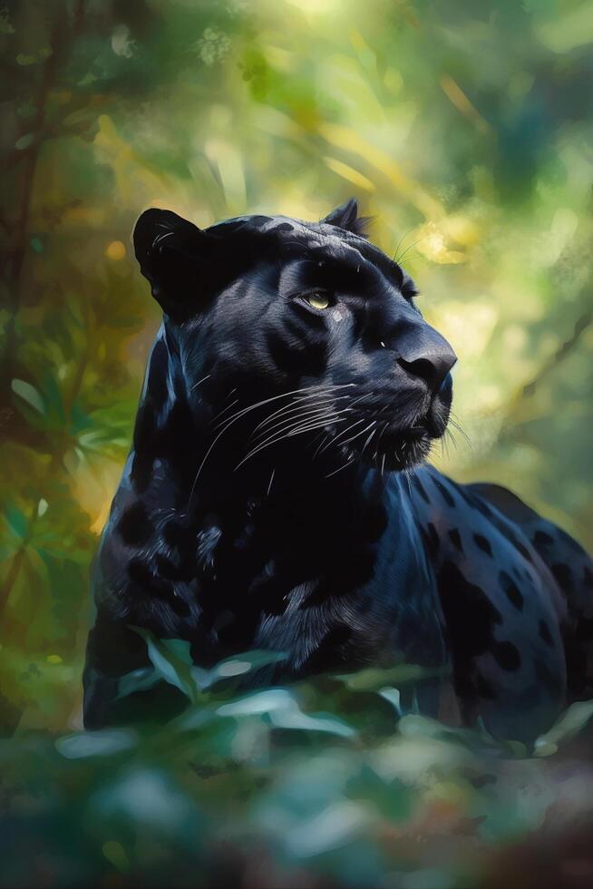 In the Jungle, the Mighty Panther Rests Amongst the Greenery An Aquarelle Painting photo