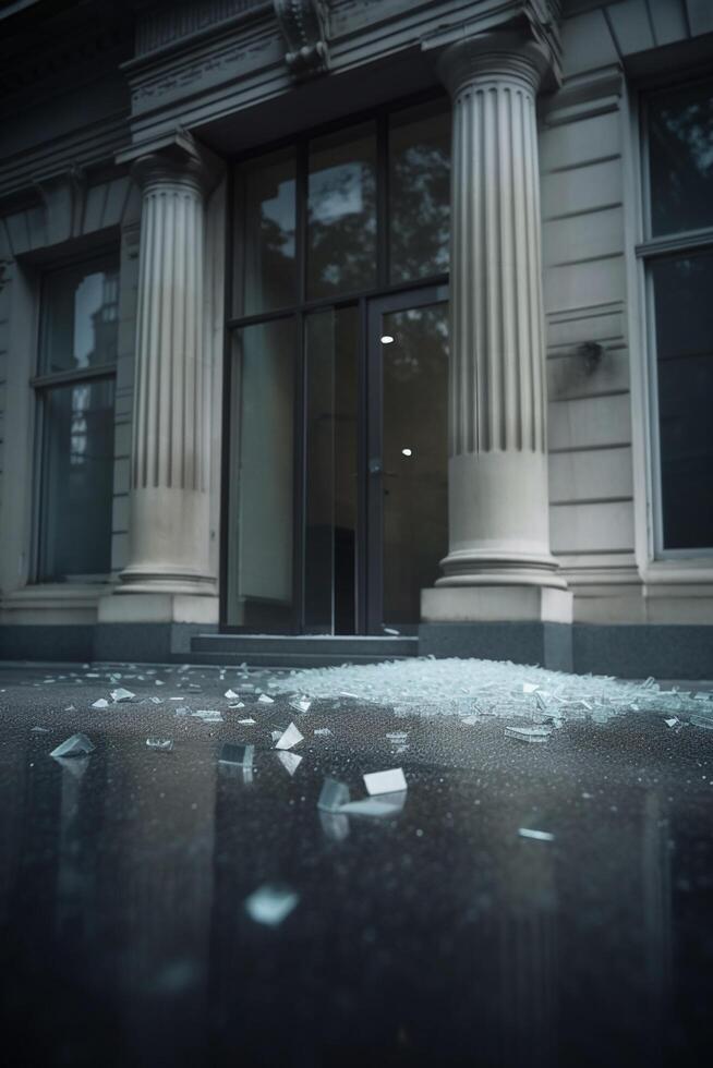 Desolate aftermath of a bank run shattered glass and debris on the empty street photo