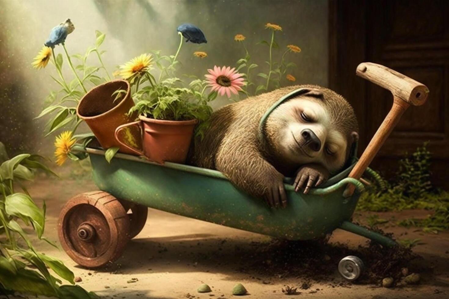Exhausted and tired sloth fell asleep in a wheelbarrow while gardening photo
