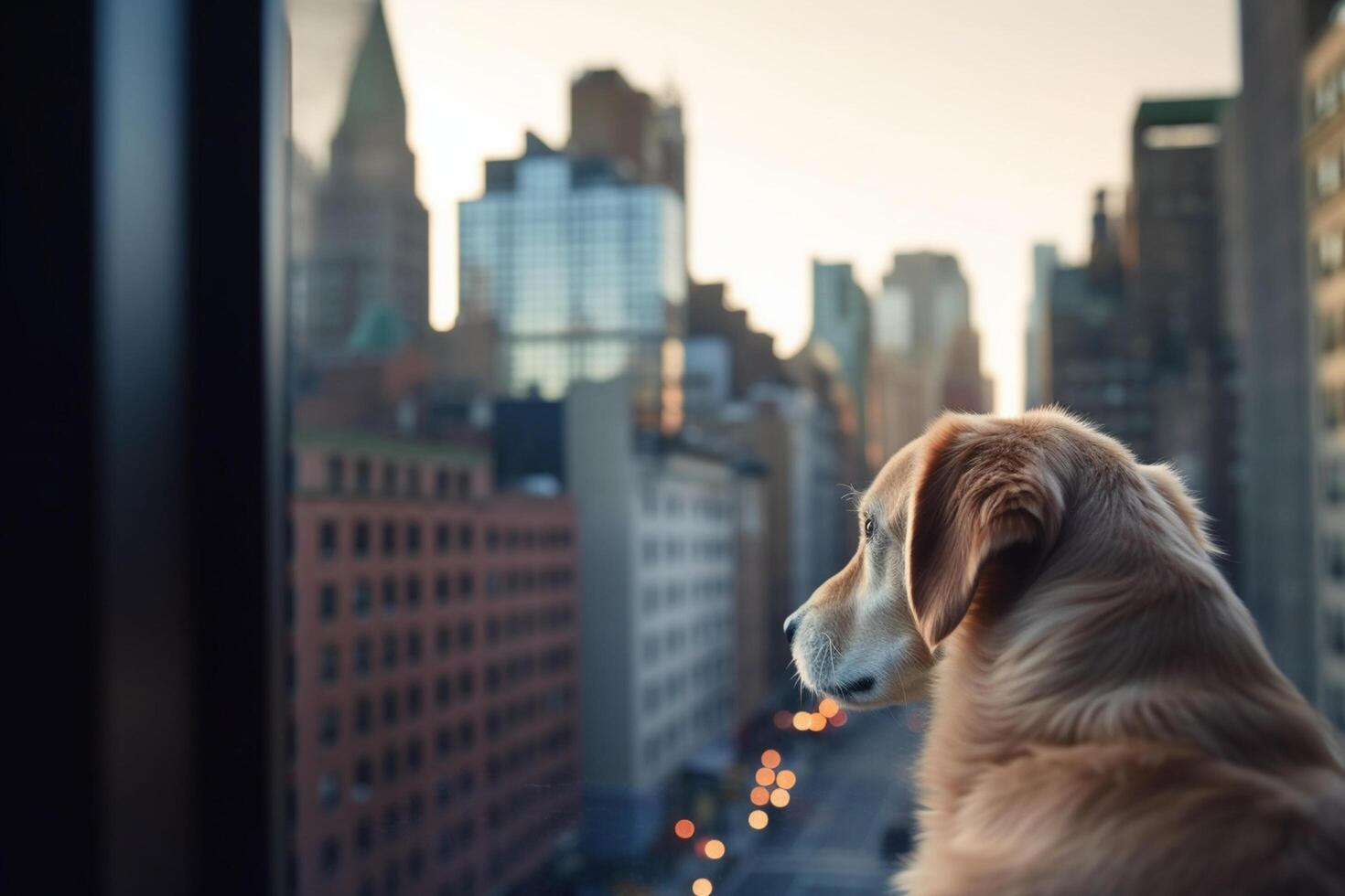 nostalgia puntos de vista un perro mirando fuera de un Alto ventana sobre un bullicioso paisaje urbano ai generado foto