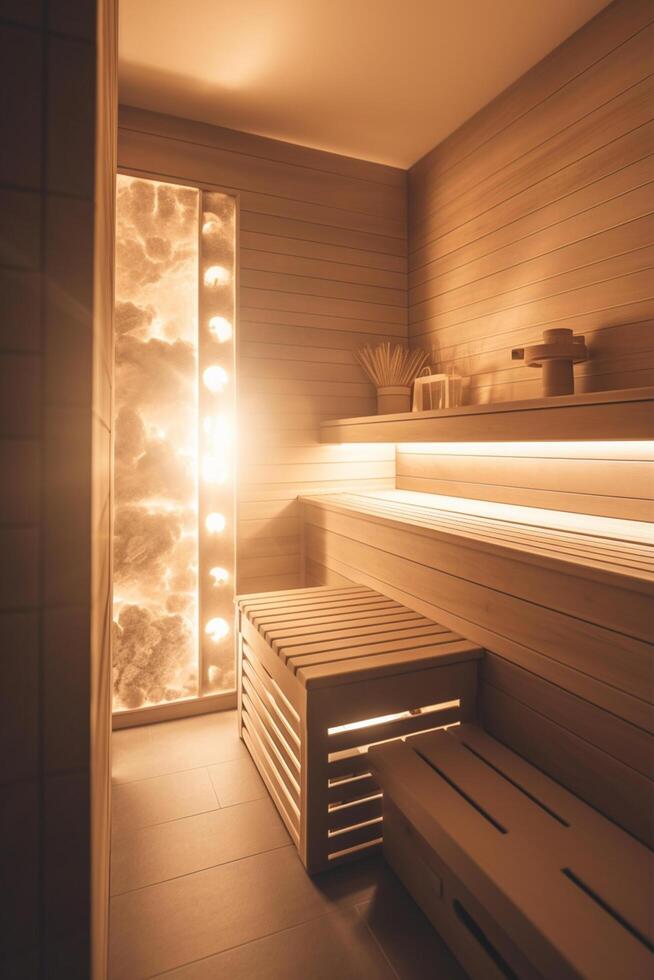 Serene Sauna Oasis Warm Wooden Interior Bathed in Sunlight photo