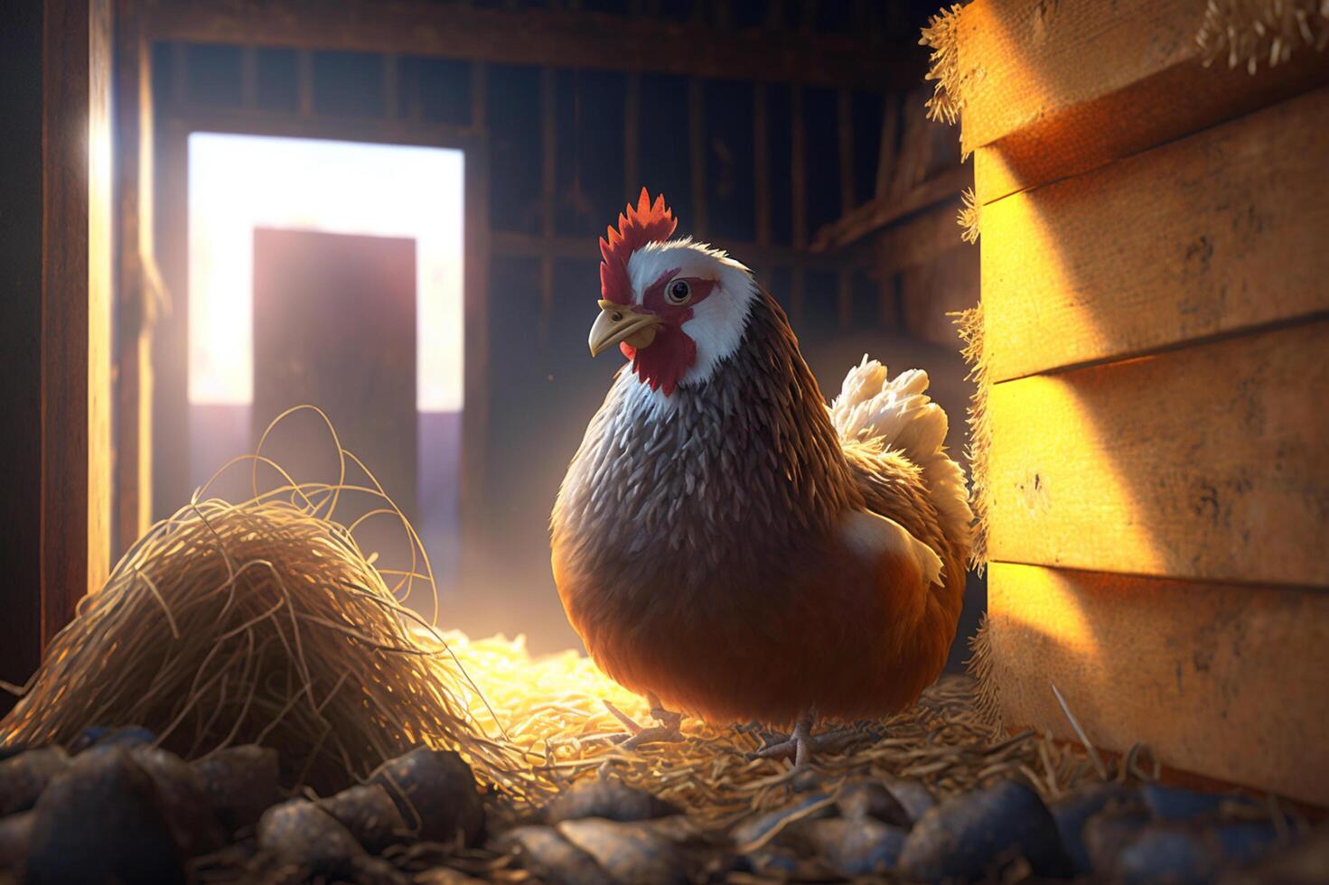 Cozy Hen in Haystack Basking in Warm Sunlight in Rustic Barn photo