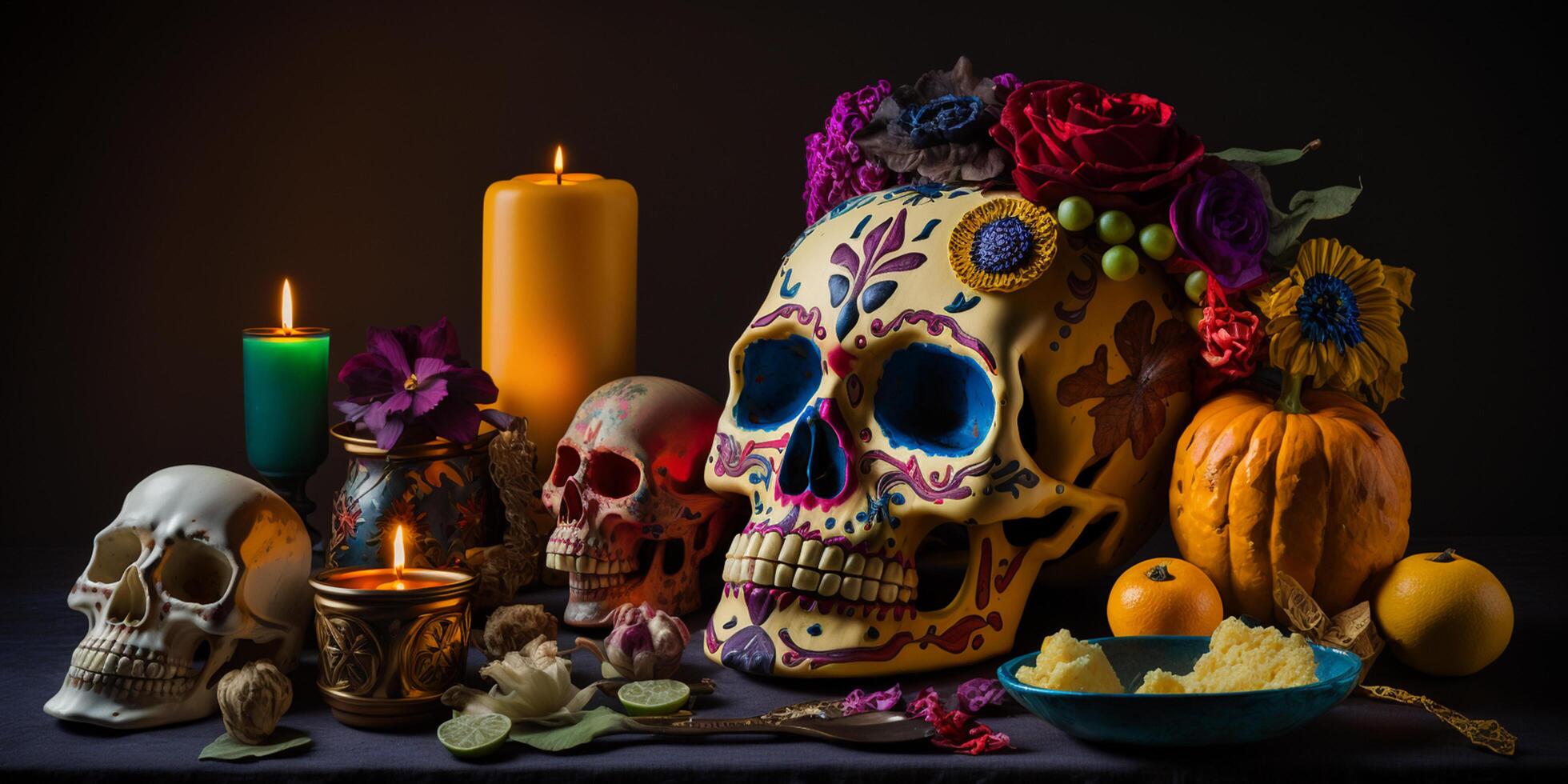 Vibrant Colorful Still Life of Decorated Skulls with Pumpkins, Candles and Traditional Mexican Decor Celebrating Day of the Dead - Dia de Muertos photo