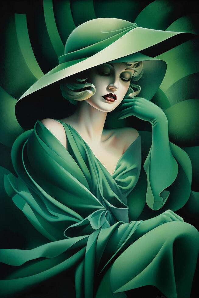 el Arte deco dama en verde un retrato de un frio rubia belleza desde el 1920 ai generado foto