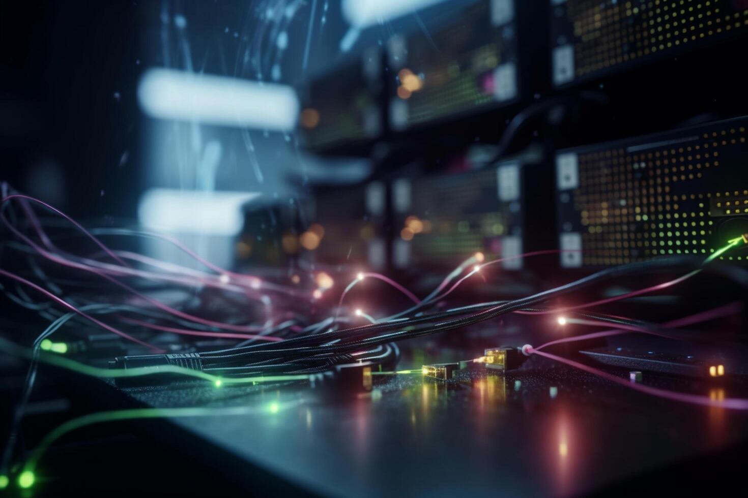 Fiber Optic Wires with LED Lights in Server Rack photo