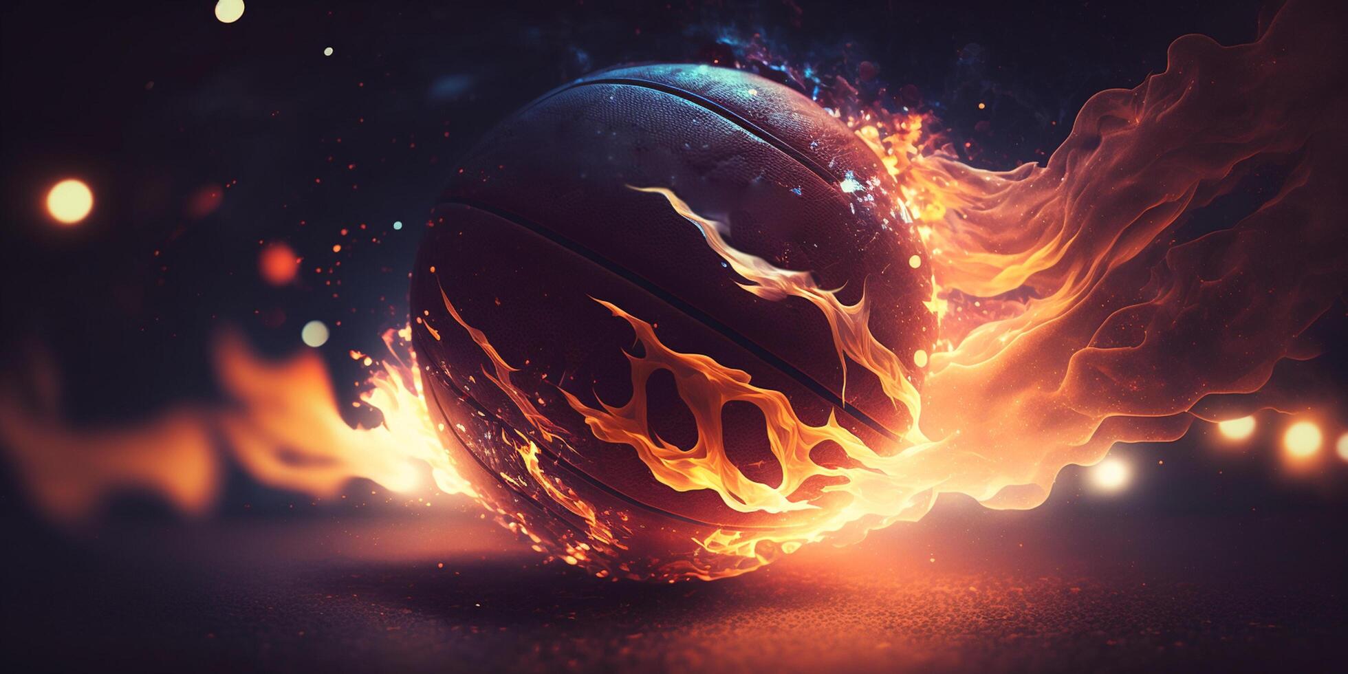 Fiery Close-up Basketball Illustration with Flames and Sparks photo