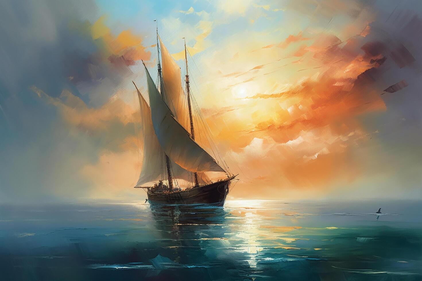 Sailing into Dawn's Embrace An Abstract Painting of a Sailboat on the Sea at Sunrise, Bathed in the Warmth of the Sun, Surrounded by Serene Clouds photo