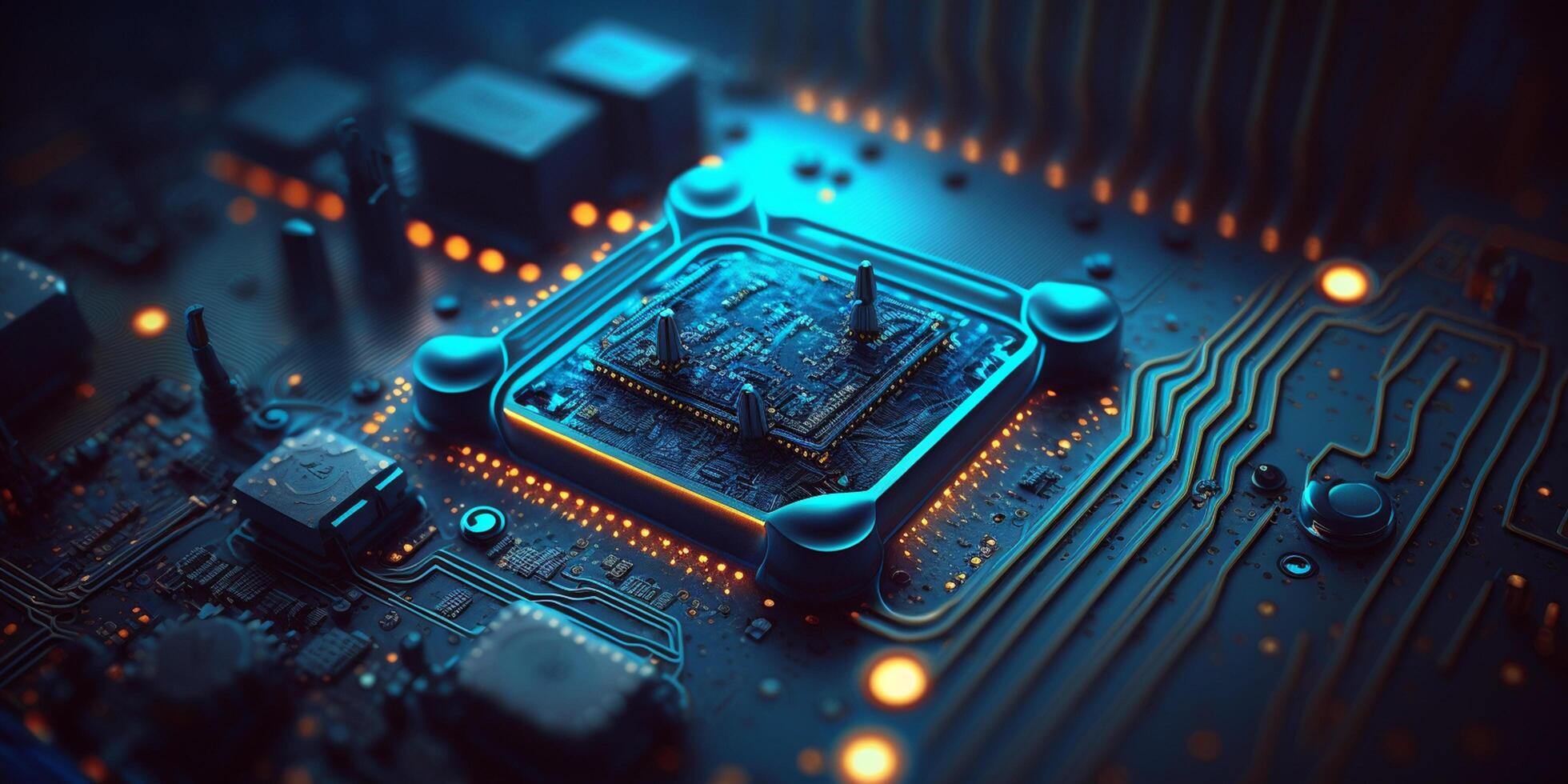 Close-up of Blue-Toned Processor on Motherboard with Bokeh Effect photo