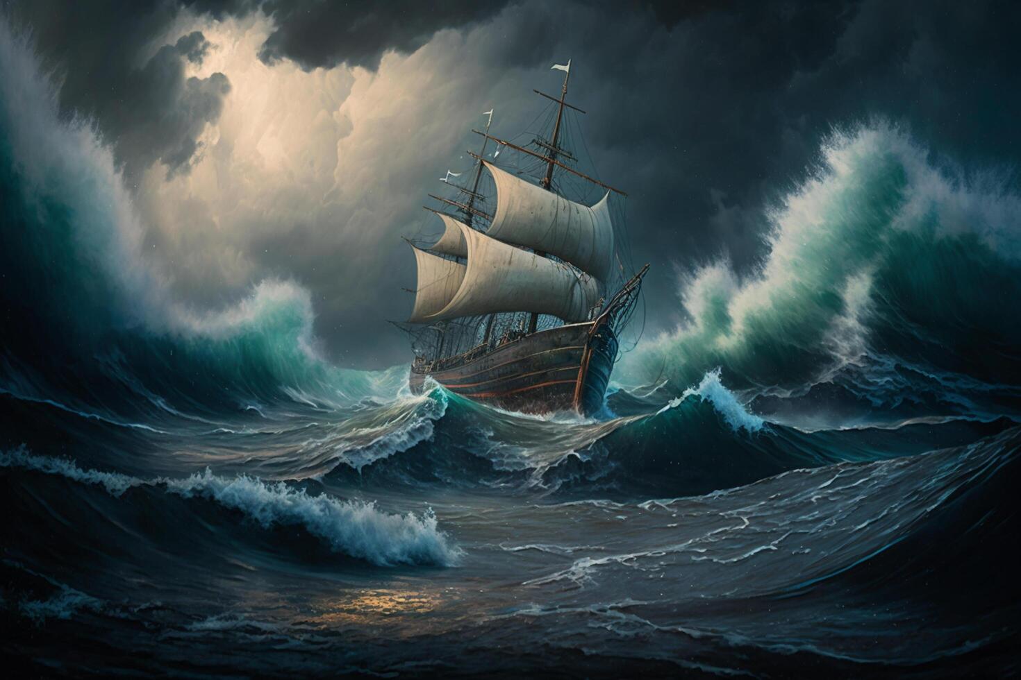 Historical sailboat in stormy waters - adventure story at sea photo