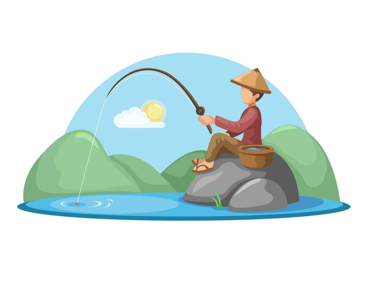 asiático pueblo hombre sentado en un rock mientras pescar en el lago dibujos animados ilustración vector
