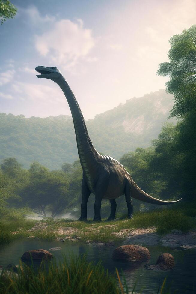 agraciado gigantes itinerancia el prehistórico reino realista ilustración exhibiendo el diplodocus en un sereno prehistórico paisaje ai generado foto