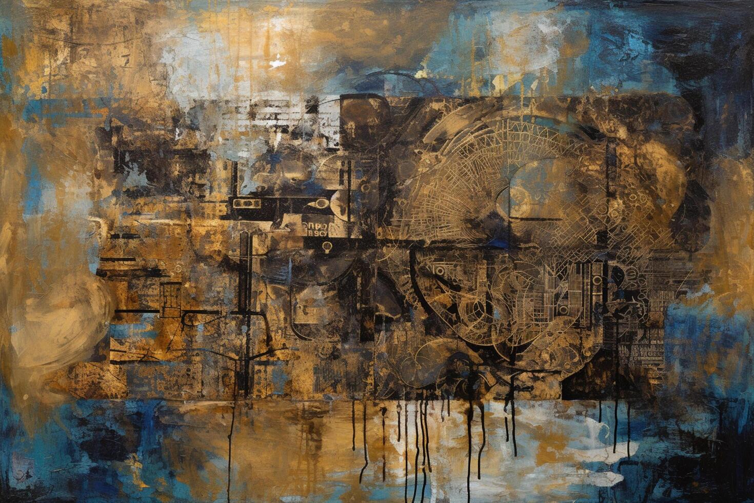 Industrial Fusion A Captivating Large Canvas Painting with Collages, Paint, and Blue-Sepia Hues photo