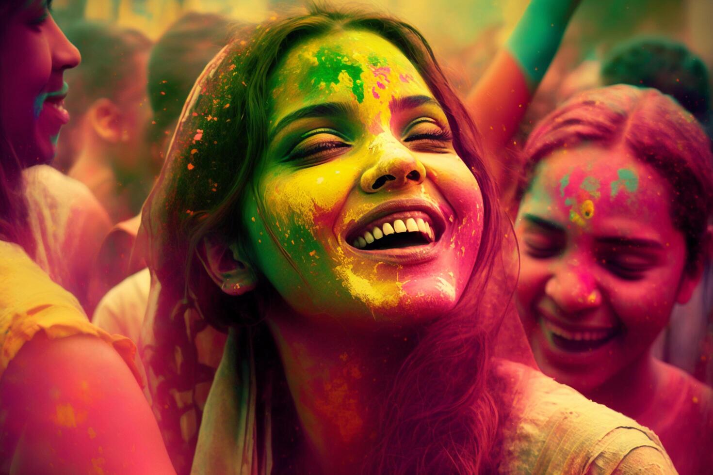 Young smiling woman holi festival india content photo