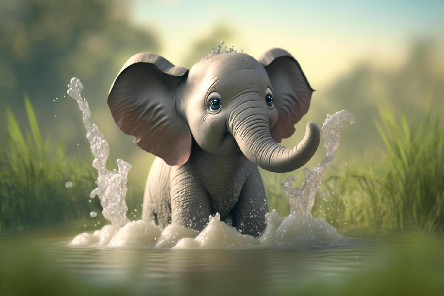 Splish, Splash Adorable Little Elephant Takes a Dip in a Pond photo