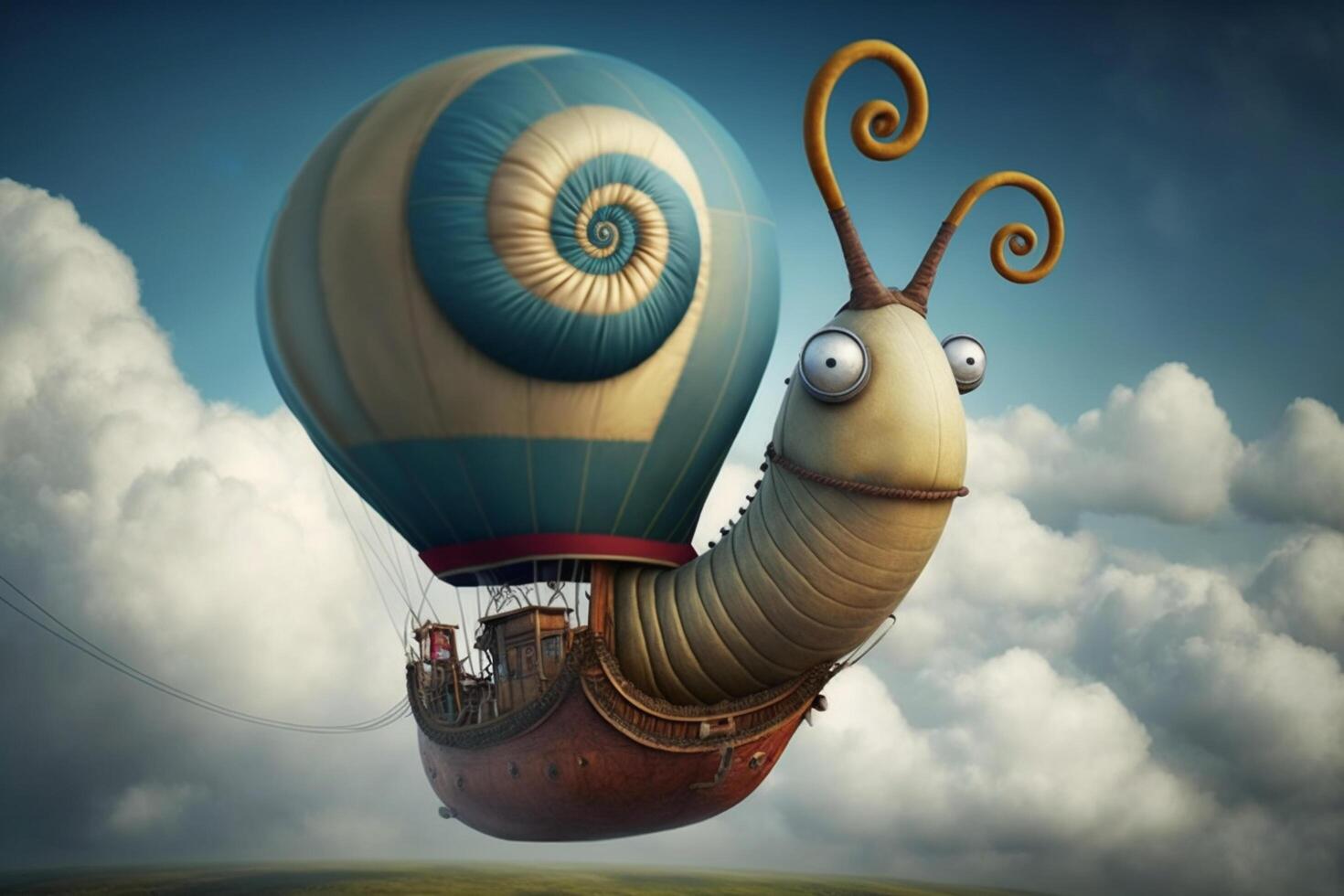 A funny fairytale snail flies as a hot air balloon photo
