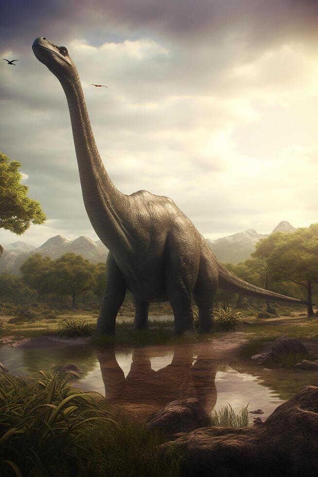 Majestic Giants of the Prehistoric World A Realistic Illustration Showcasing the Brachiosaurus in an Enchanting Prehistoric Landscape photo