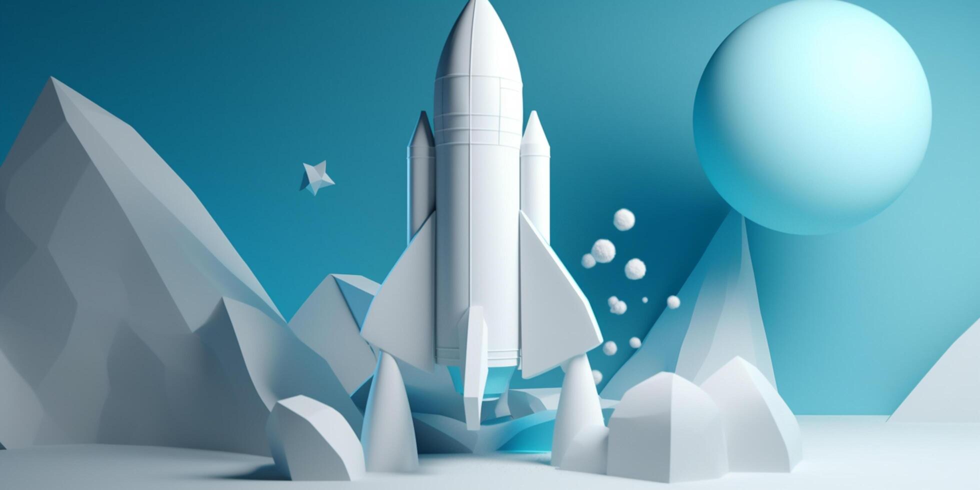 Symbolic 3D Rendering of White Rocket Model against Blue Background for Startup Concepts photo
