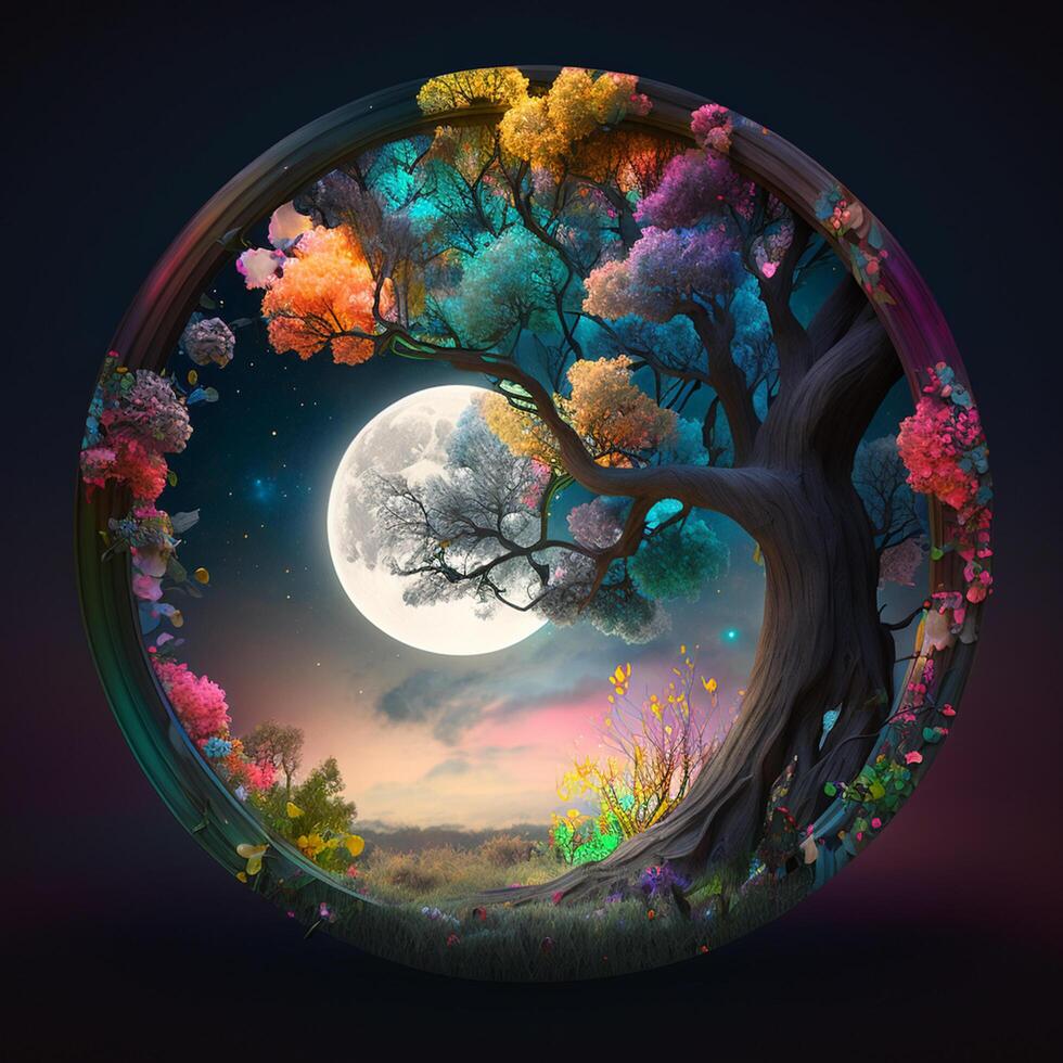 ilustración fantasía hada cuento árbol paisaje con Luna en el noche ai generado contenido ai generado foto