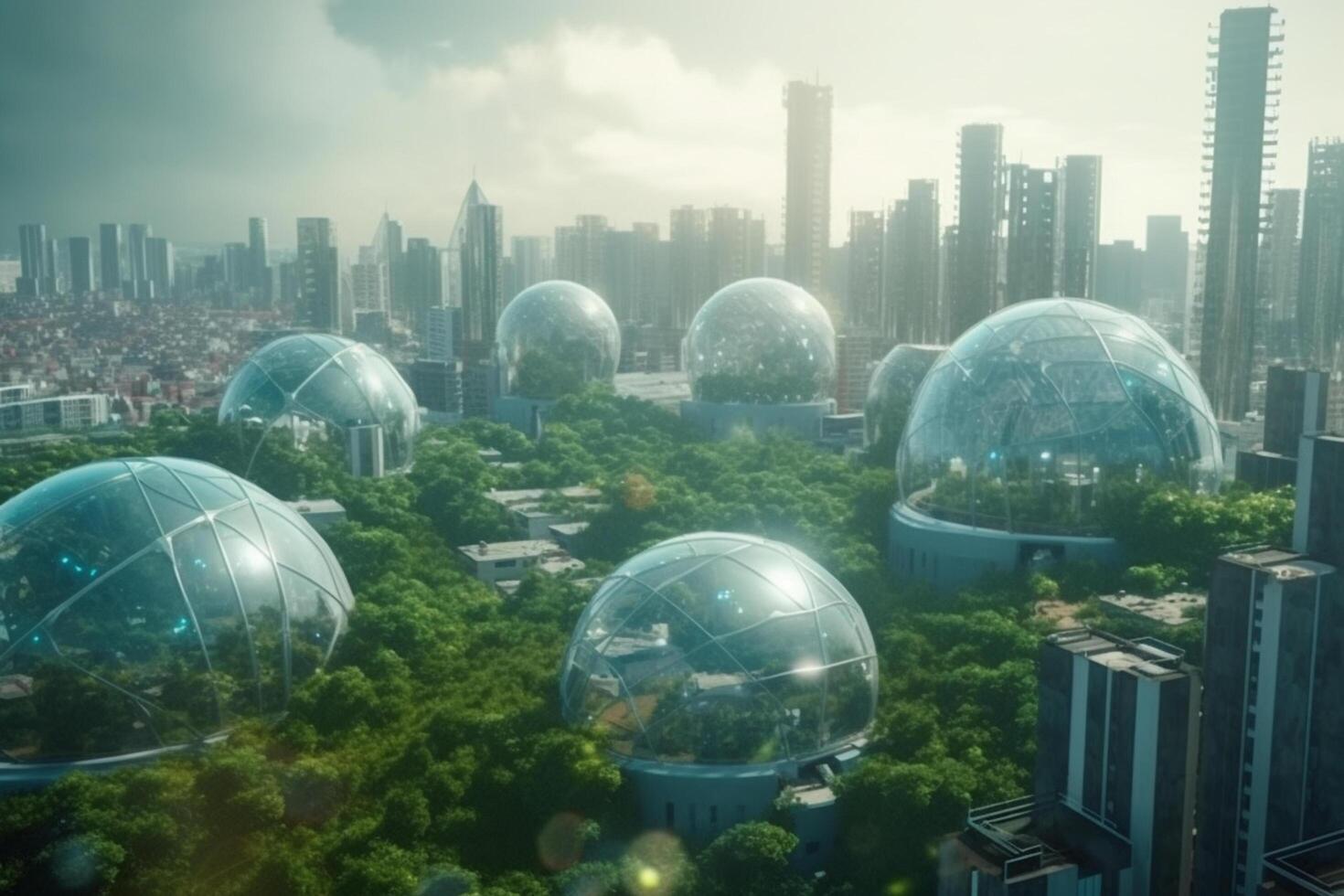 Green metropolis of the future High-tech city with lush vegetation and clear skies photo