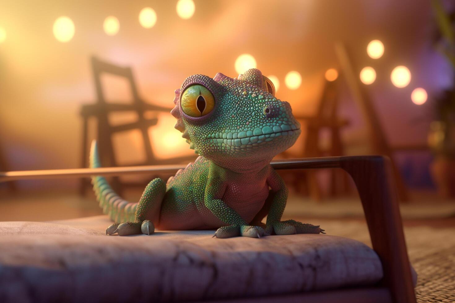 Chillaxin' Cham A Photorealistic Cartoon Chameleon Relaxing in a Beach Bar Lounger photo