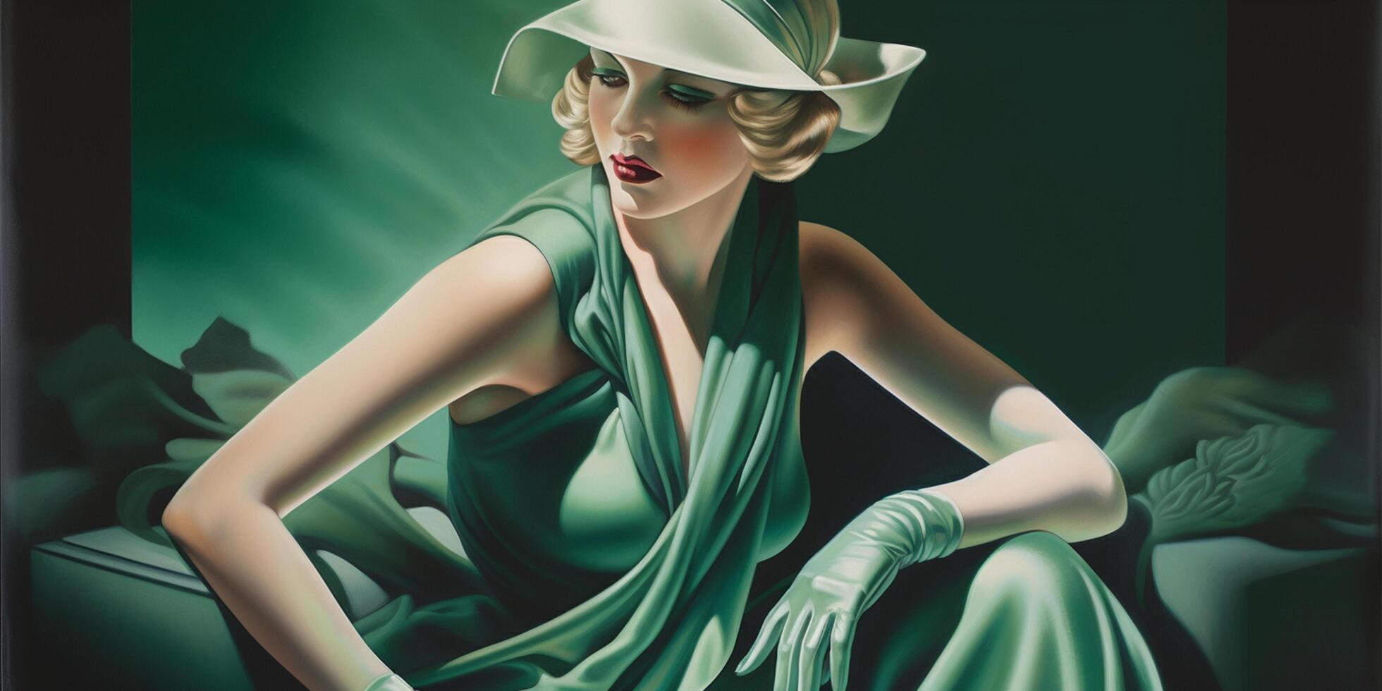 el Arte deco dama en verde un retrato de un frio rubia belleza desde el 1920 ai generado foto