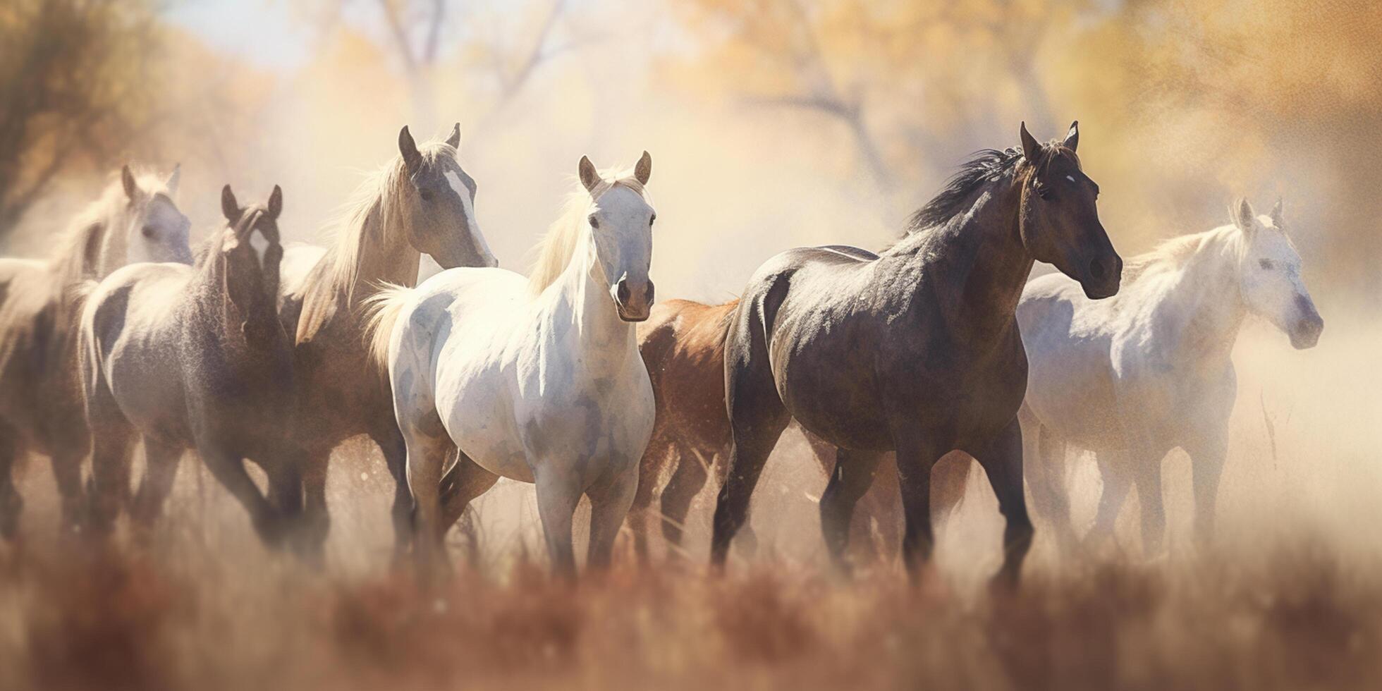 Grazing Horses on a Sepia-toned Meadow An Aquarelle Painting photo