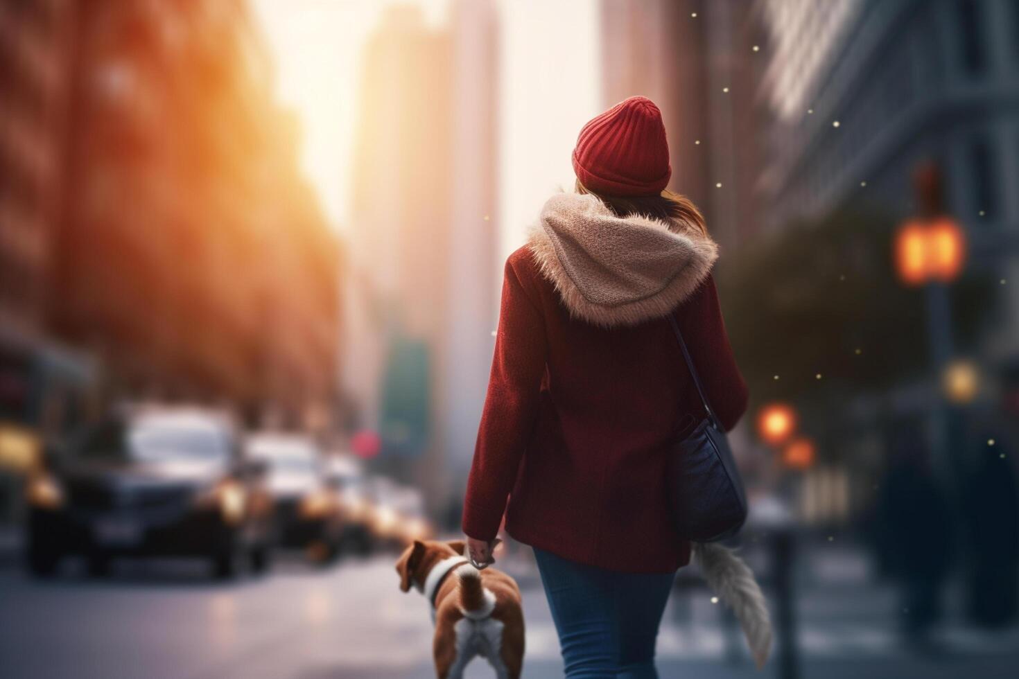 City Stroll with Canine Companion A Woman and Her Dog Amidst Skyscrapers During Sunset photo