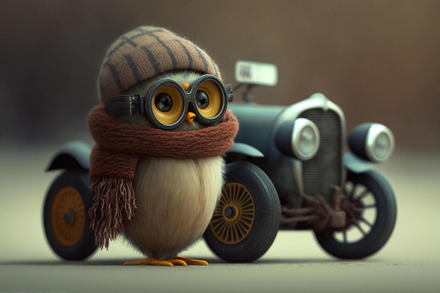 little funny baby owl is racing in a toy car photo