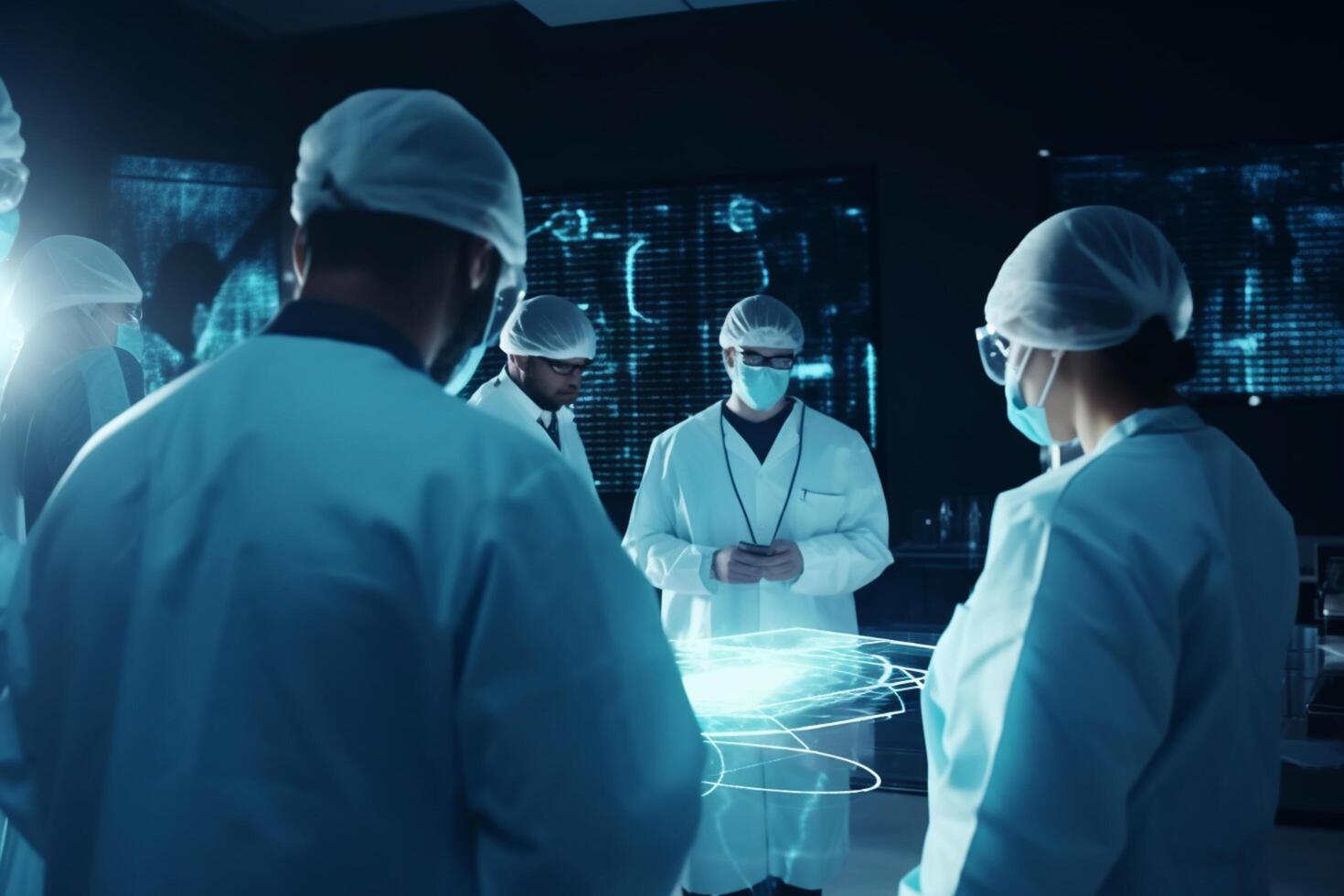 Medical team with surgical masks working in a high-tech laboratory photo