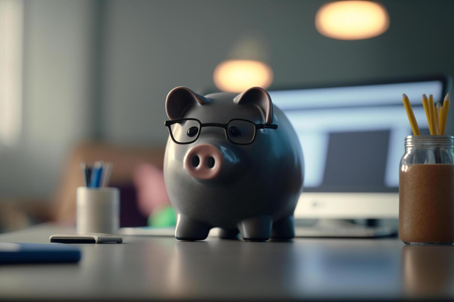 Savings piggy bank with computer screen in the background photo