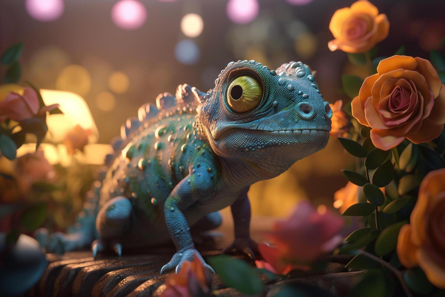 Colorful chameleon enjoying the flower garden scenery photo