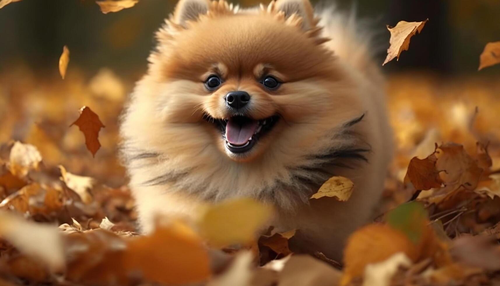 Cute Pomeranian Dog Playing in a Pile of Autumn Leaves photo
