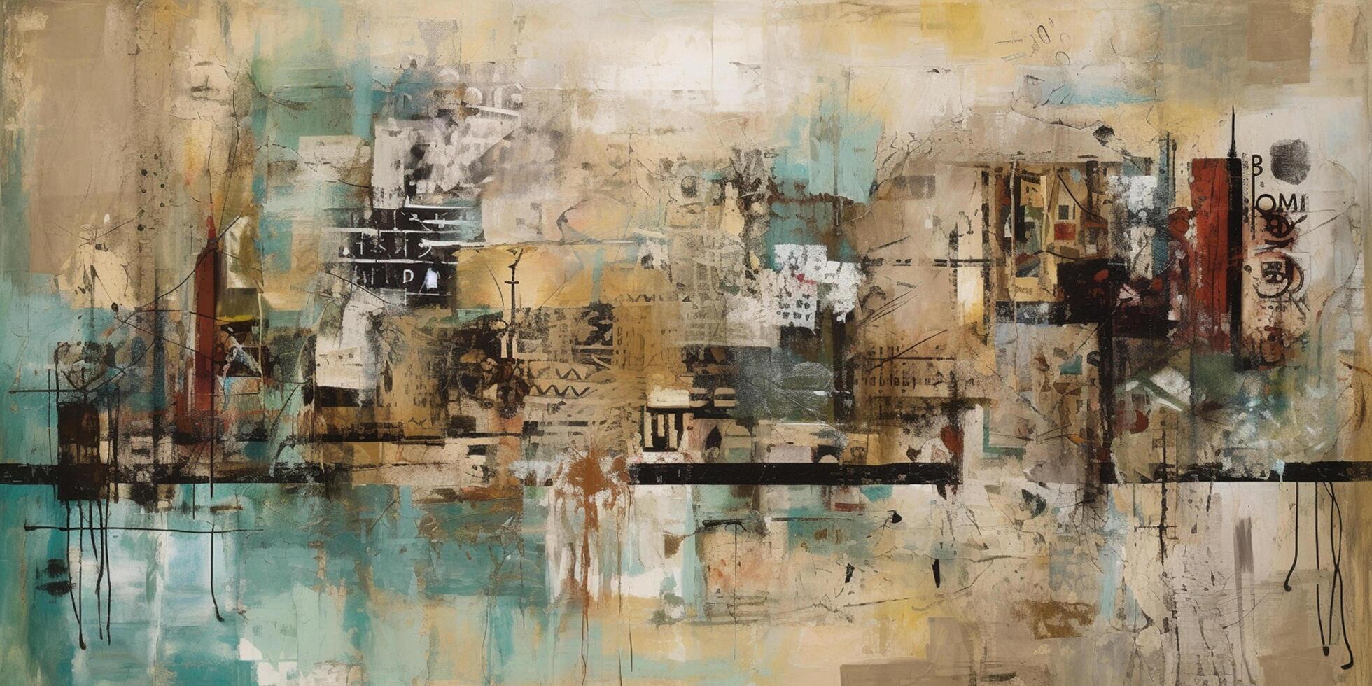 Urban Reflections A Fusion of Mixed Media in Stylized Urban Art, Embellished with Light Gold and Turquoise Hues photo